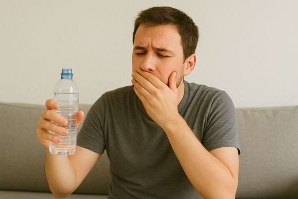 Un homme regarde une bouteille d’eau avec dégoût en couvrant sa bouche.