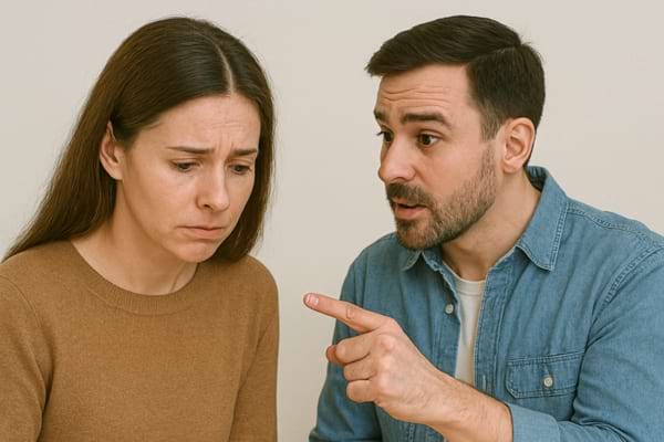 Un homme gronde une femme triste du doigt pendant qu’elle baisse les yeux.