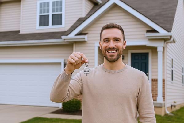 Un homme souriant se tient devant sa maison en tenant les clés de sa nouvelle propriété.