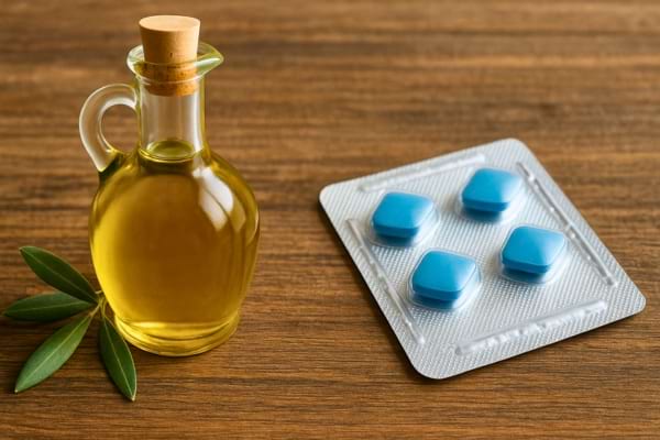 Un flacon d’huile d’olive posé à côté de comprimés Viagra bleus.