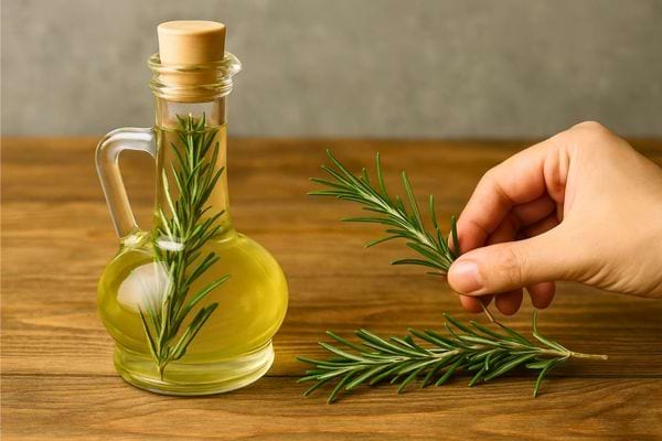 Main tenant un brin de romarin près d’une bouteille d’huile infusée.