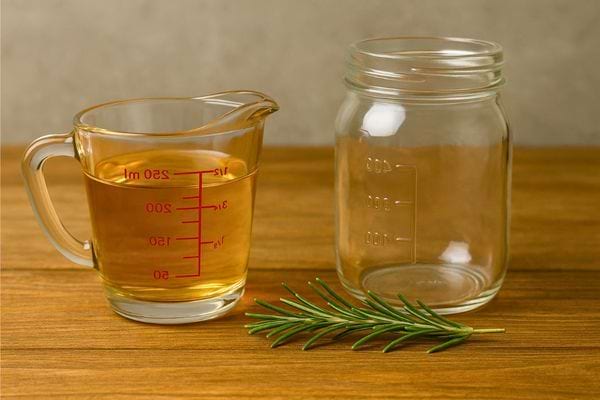 Verre doseur rempli d’huile dorée avec brin de romarin et bocal vide.