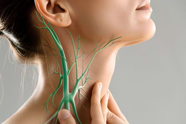 Illustration anatomique du cou mettant en évidence les nerfs et vaisseaux.