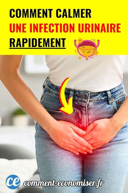 Femme en jean tenant son bas-ventre avec douleur et flèche rouge vers la zone intime.