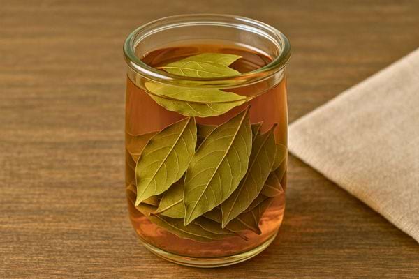 Verre transparent rempli d’une infusion ambrée avec des feuilles de laurier.