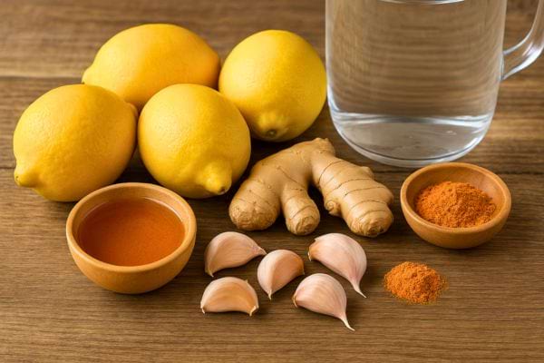 Ingrédients naturels disposés sur une table : citrons, gingembre, ail, curcuma et eau.