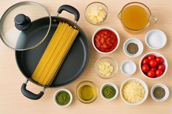 Ingrédients pour spaghetti disposés autour d’une poêle sur une table.