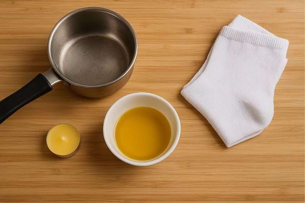 Un petit bol d’huile, une casserole, une bougie et une paire de chaussettes sont disposés sur une table.