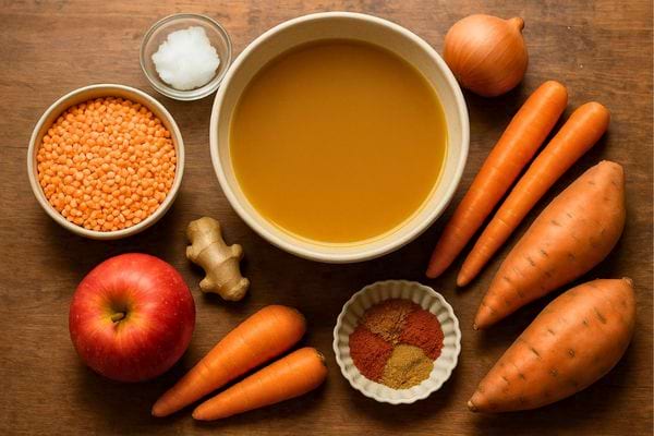 Ingrédients de soupe avec lentilles corail, patates douces, carottes, gingembre, épices et pomme rouge.