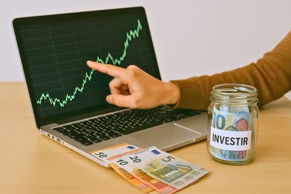 Une main pointe un graphique de croissance sur un ordinateur, avec un bocal d’argent étiqueté « investir ».