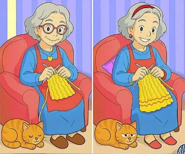 Jeu des différences représentant deux illustrations d’une grand-mère tricotant sur un fauteuil rouge avec un chat endormi à ses pieds.