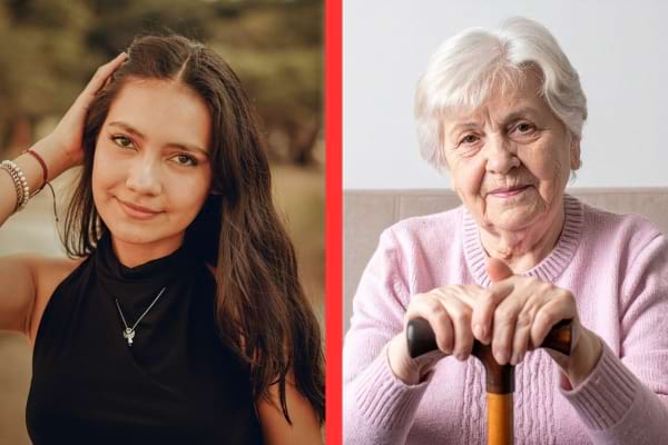 Une jeune femme sourit légèrement tandis qu’une grand-mère aux cheveux blancs tient une canne.