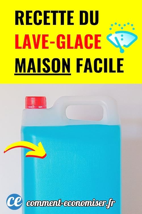 Bidon plastique bleu avec bouchon rouge illustre la recette simple de lave-glace maison.