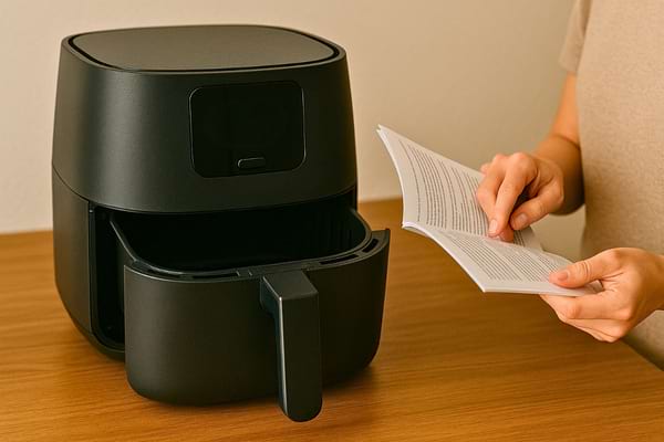 Une personne consulte le manuel d’utilisation à côté d’une friteuse à air ouverte.