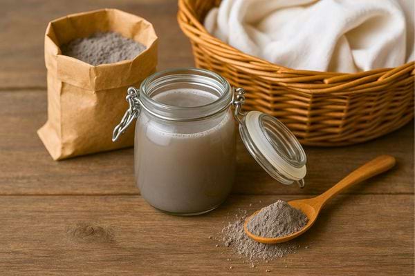 Bocal de lessive maison à base de cendre, posé sur une table en bois.