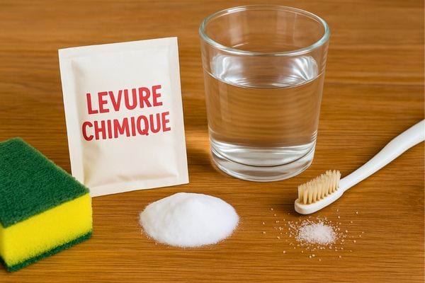 Un sachet de levure chimique, un verre d’eau, une brosse à dents et une éponge sur une table.