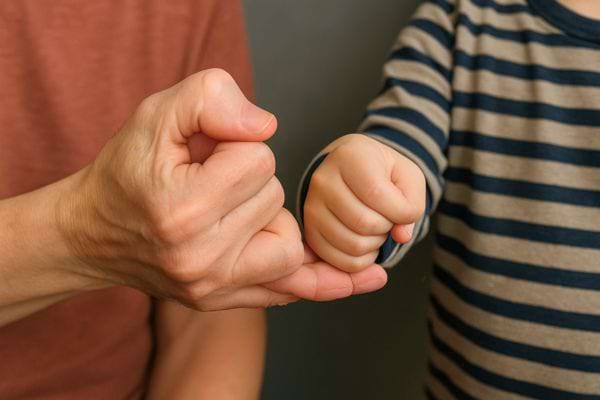 Un adulte et un enfant se touchent le petit doigt en signe de promesse.