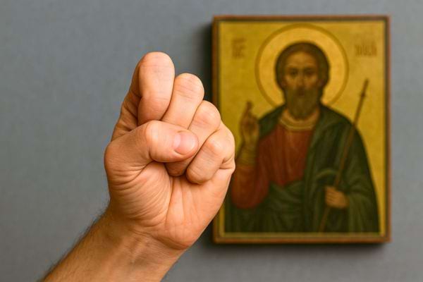 Une main fermée est levée devant une icône religieuse représentant un saint.