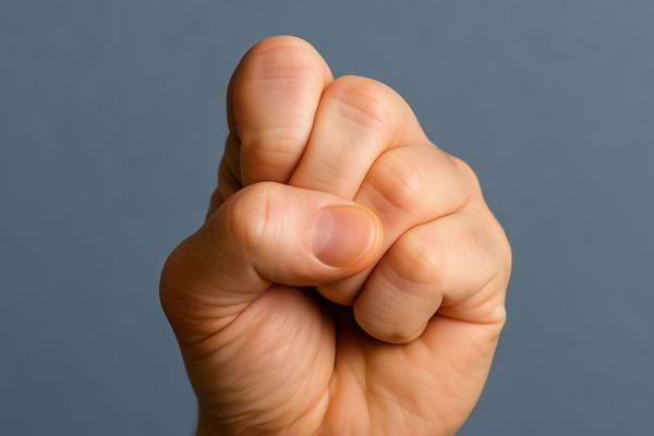 Une main fermée en gros plan, doigts serrés, fond neutre gris.