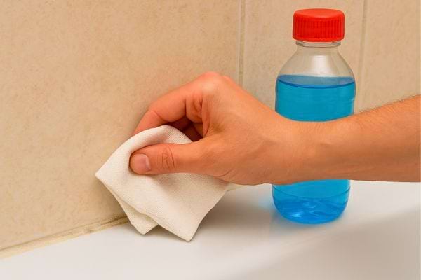 Main nettoie le bord du joint avec un chiffon et un produit bleu.