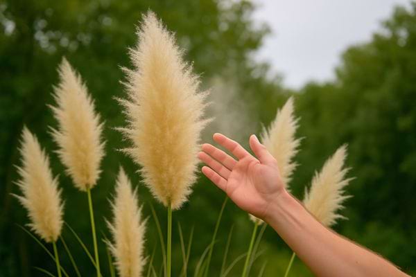 Une main tendue touche une grande herbe de la pampa beige en ext&eacute;rieur.