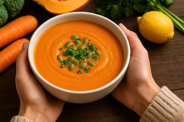 Deux mains tenant un bol de soupe orange avec graines et persil, entouré de légumes frais.