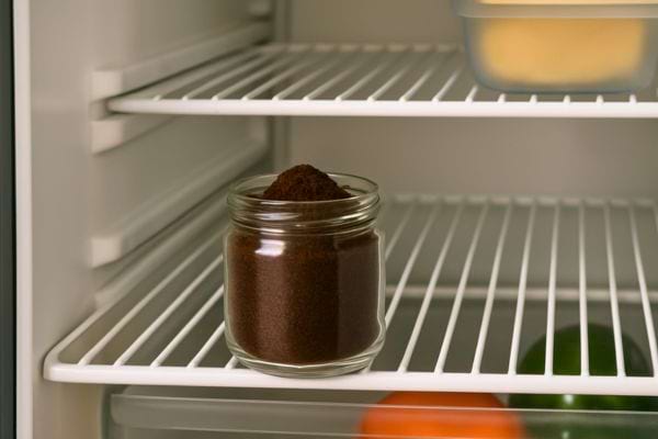 Un bocal de marc de café dans un frigo.