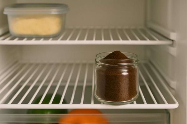 Un bocal de marc de café dans un frigo.