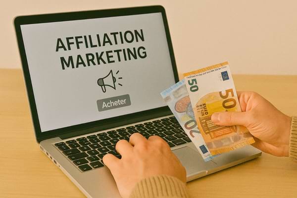 Une main tient de l’argent devant un ordinateur affichant « affiliation marketing » sur l’écran.
