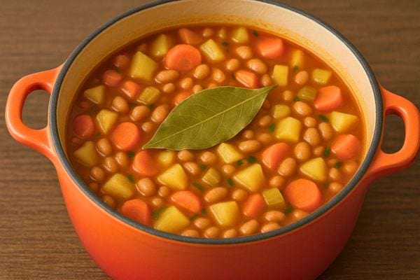 Marmite orange remplie de soupe aux légumes et haricots avec une feuille de laurier dessus.