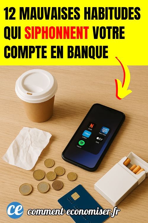 Une table en bois claire avec café à emporter, ticket de caisse, téléphone, cigarettes, pièces de monnaie, et carte bancaire