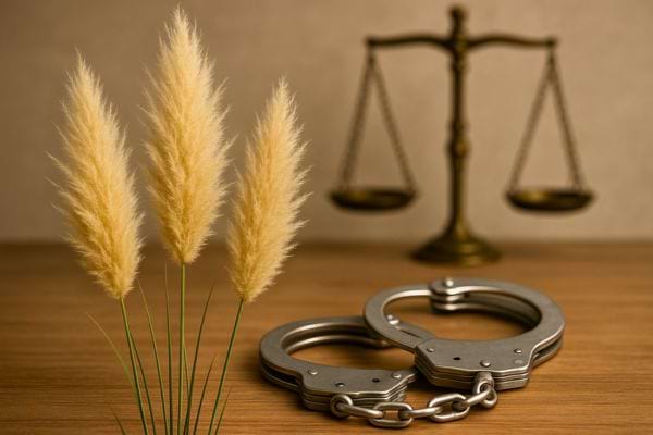 Des menottes pos&eacute;es sur une table en bois devant une balance de justice et des herbes de la pampa.