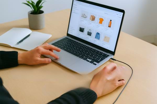 Une personne navigue sur un site d’achats en ligne, observant différents vêtements et accessoires sur un ordinateur portable.