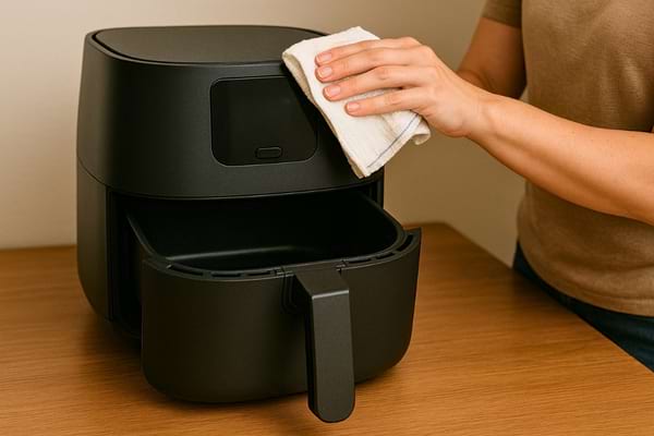 Une main nettoie la friteuse à air avec un chiffon doux sur une surface en bois.