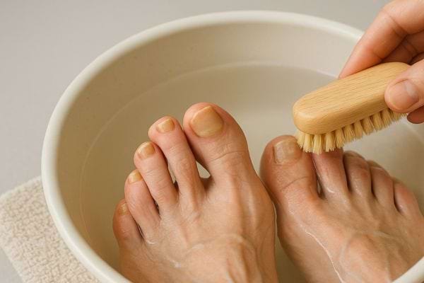 Nettoyage de pieds dans une bassine avec une brosse à poils naturels.