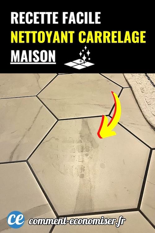 Sol carrelé beige avec traces de pas et flèche jaune indiquant la zone à nettoyer.