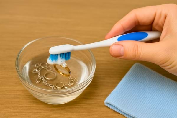 Une brosse à dents nettoie une bague dorée dans un bol d’eau.