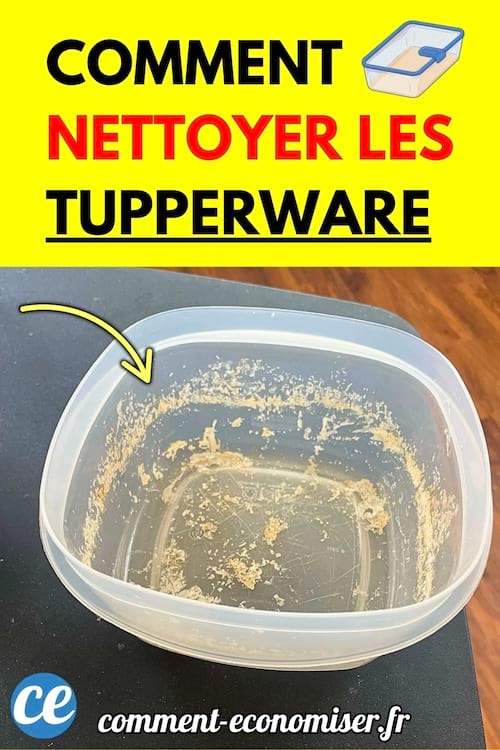 Boîte plastique tupperware tachée de résidus alimentaires secs.