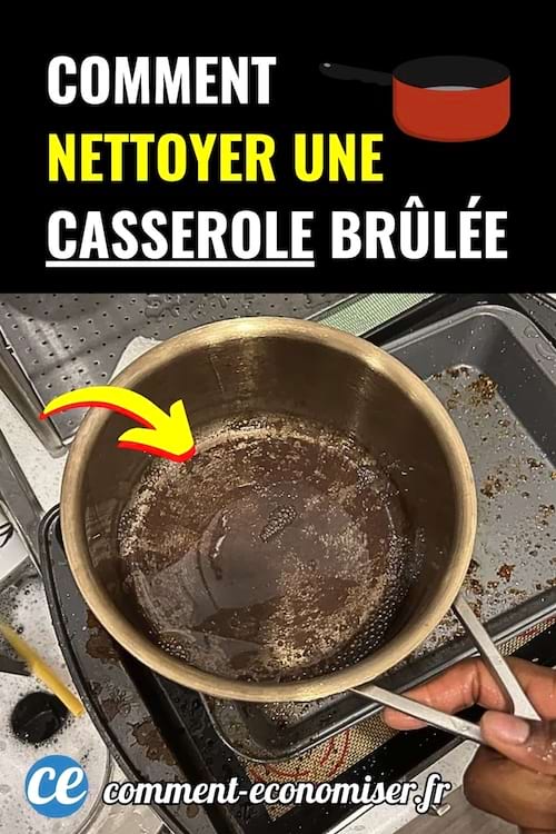 Casserole en métal brûlée avec résidus noirs au fond et flèche jaune montrant la zone à nettoyer.