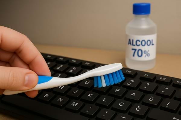 Une brosse à dents sert à nettoyer un clavier d’ordinateur avec de l’alcool à 70 %.