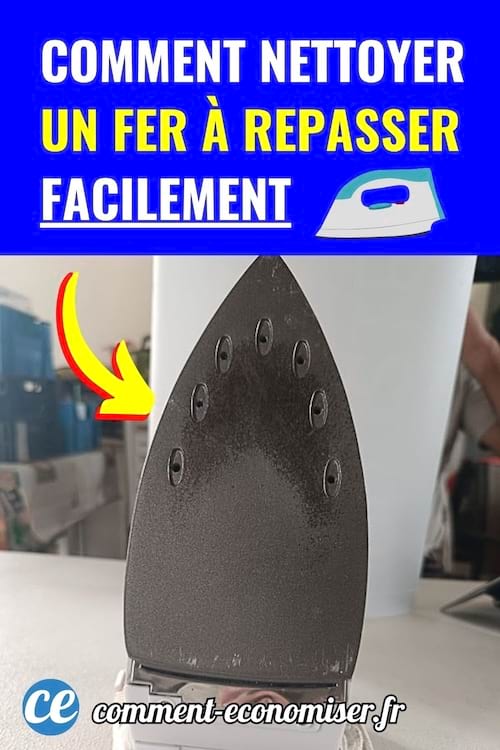 Fer à repasser avec semelle encrassée posé sur une table.