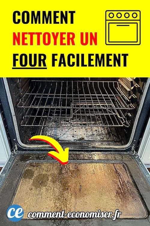Four ouvert avec porte sale et fleche jaune indiquant la zone a nettoyer avec une astuce maison.