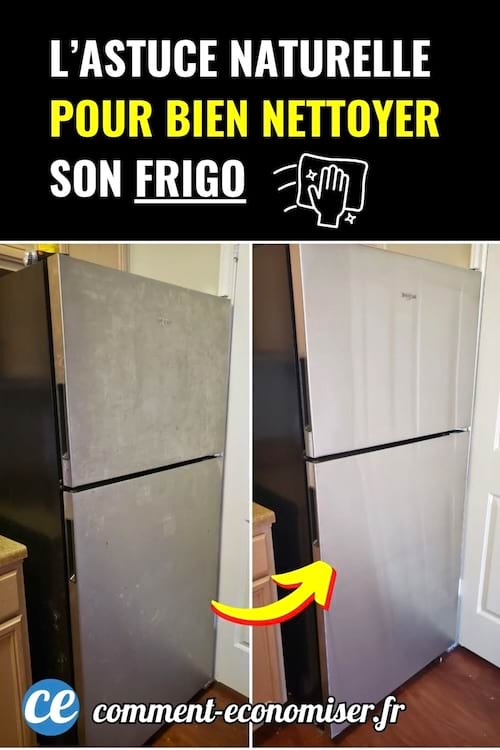 Comparatif frigo avant sale et après brillant, flèche jaune au centre.