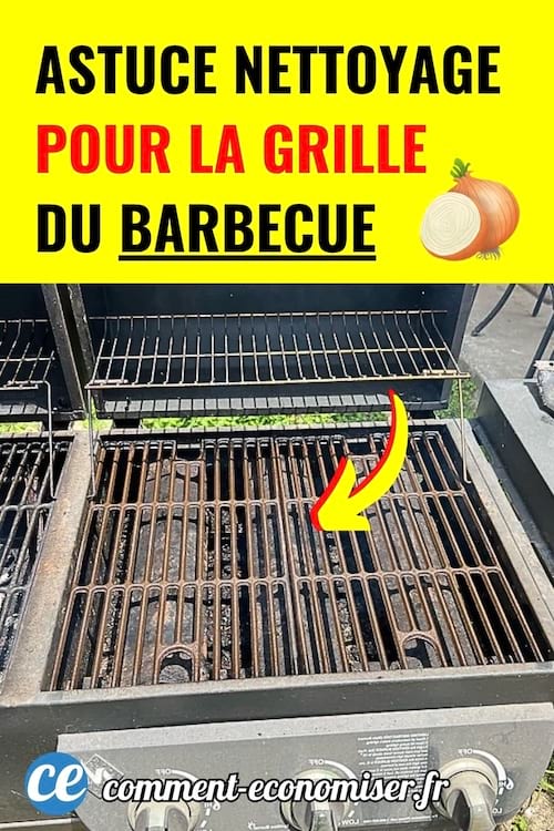 Grille de barbecue sale avec flèche jaune indiquant l’endroit à nettoyer selon une astuce naturelle.