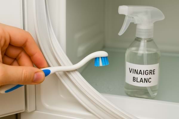 Une brosse à dents nettoie le joint d’un frigo avec du vinaigre blanc.