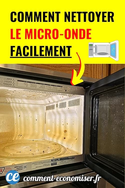 Intérieur d’un micro-ondes très sale avec texte jaune vif et flèche rouge.