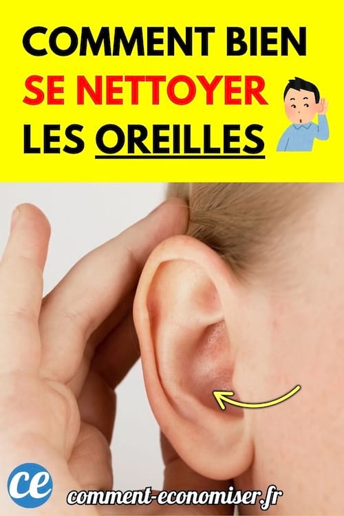 Oreille vue de près avec main et flèche jaune.