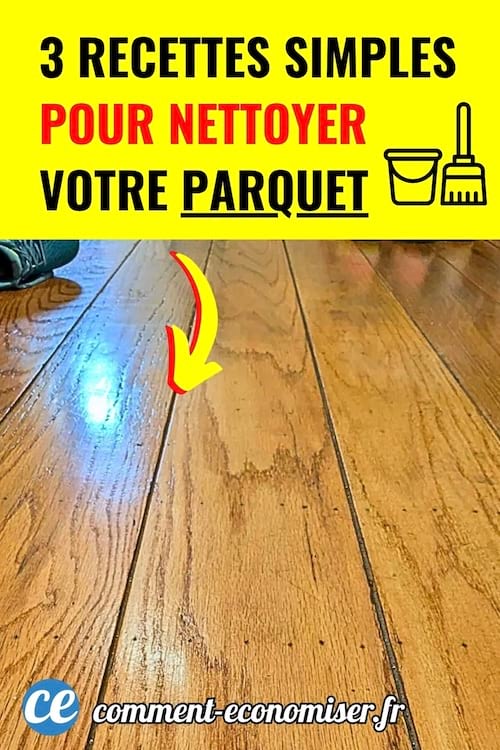 Sol en parquet brillant avec flèche jaune montrant la zone nettoyée à l’aide de produits naturels.