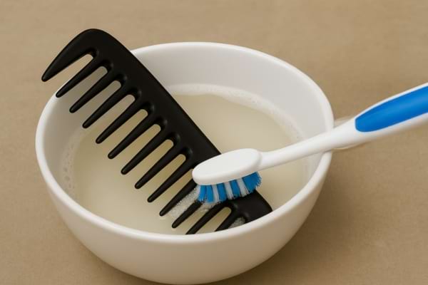 Une brosse à dents nettoie un peigne trempé dans un bol de liquide.