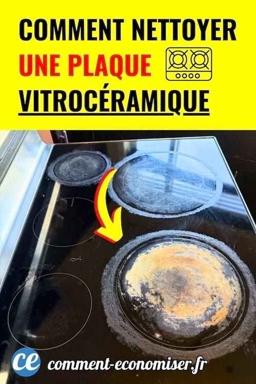 Plaque de cuisson vitrocéramique noire avec taches brûlées et flèche rouge vers le rond central.